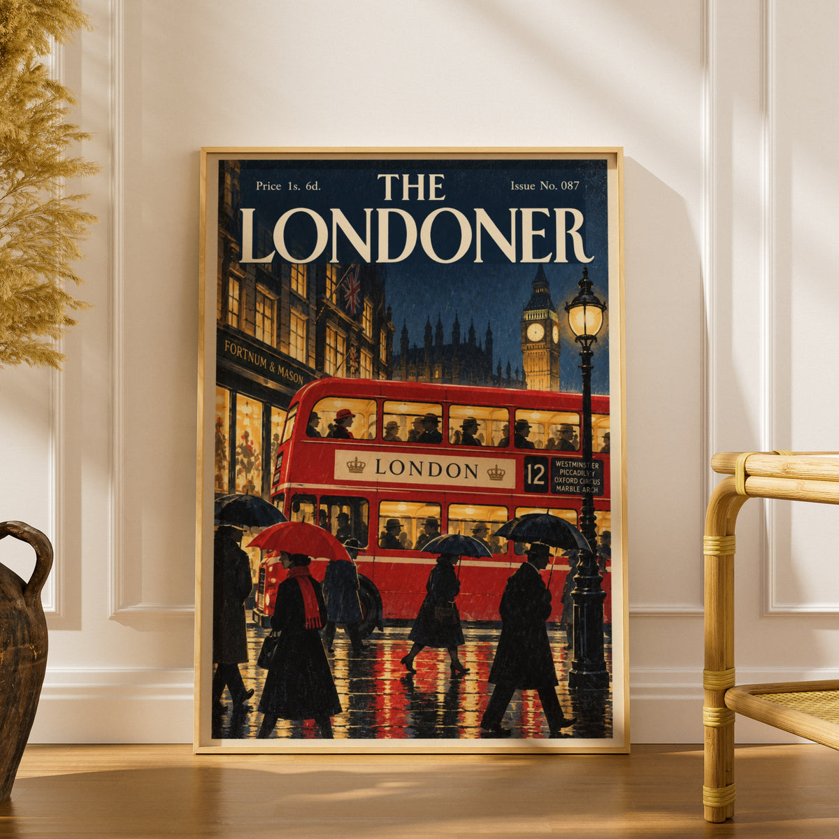 Vintage London Red Bus Poster, Big Ben Wall Art, Retro Magazine Cover Art Print, Rainy Night Scene