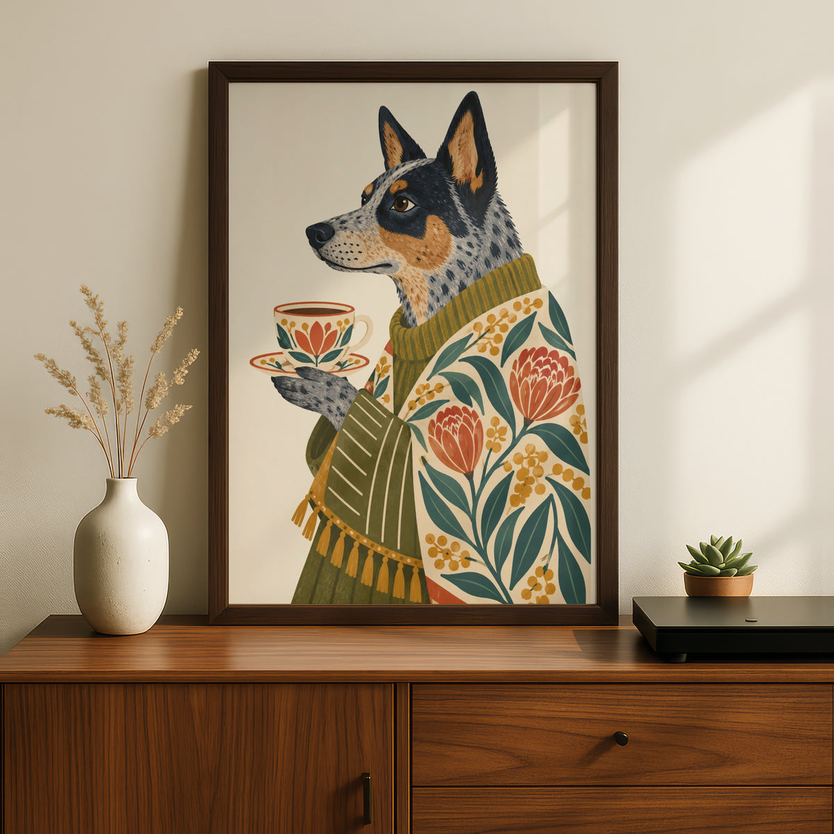 Australian Cattle Dog Art Print, Blue Heeler with Tea Cup, Floral Folk Wall Art