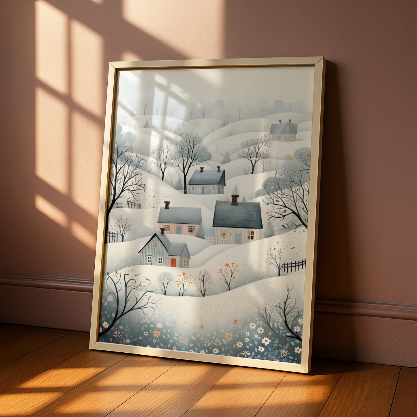 Christmas Winter Village Poster, Snowy Scandinavian Landscape, Festive Wall Art Print