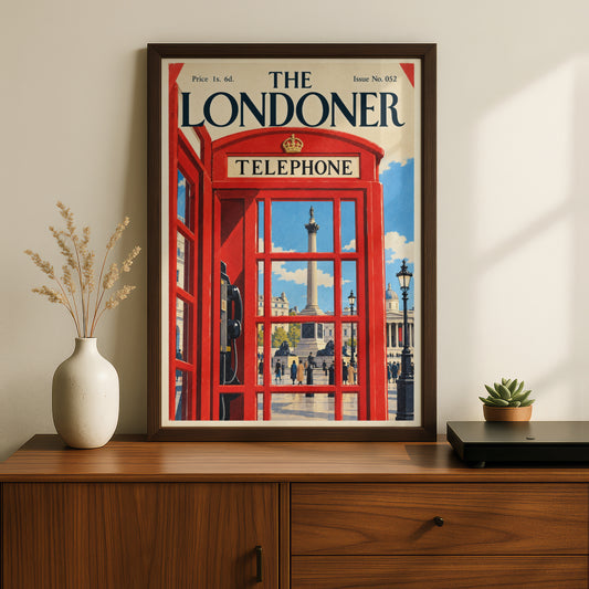 London Red Telephone Box Poster, Trafalgar Square Wall Art, Vintage Magazine Cover Art Print