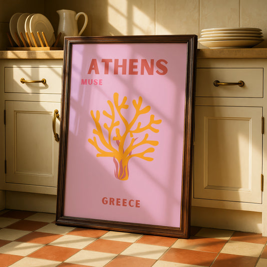 Athens Greece Travel Poster, Retro Wall Art, Pink Greek Print, Coral Botanical Decor