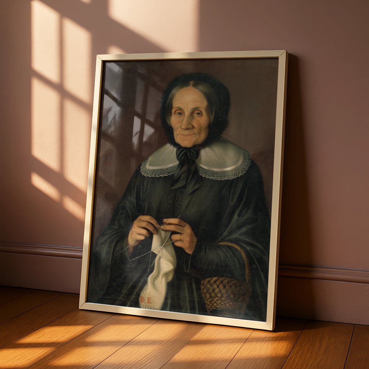 Victorian Woman Knitting Portrait Poster, Dark Antique Oil Painting Wall Art Print