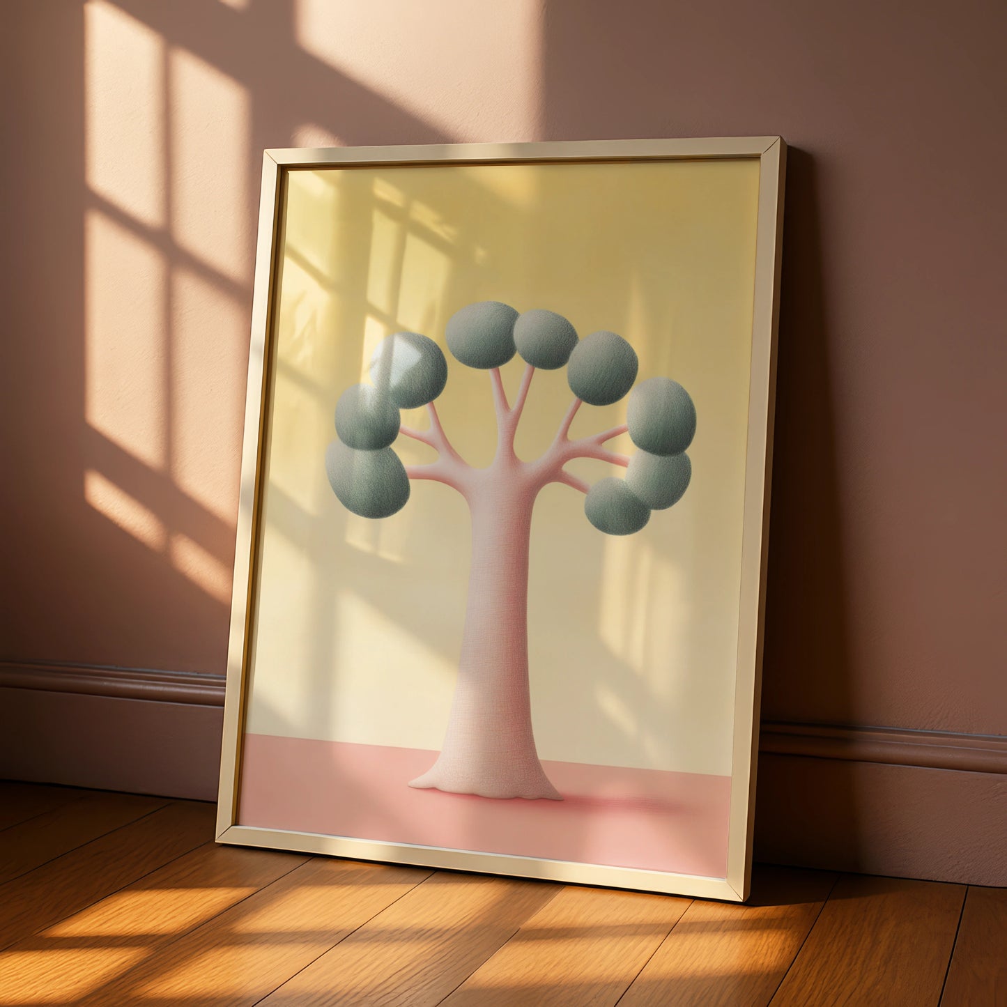 Nursery Tree Wall Art, Pastel Pink Yellow Kids Room Print, Minimalist Baby Decor