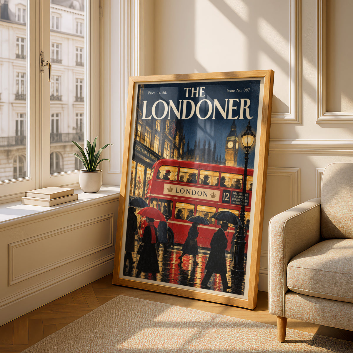 Vintage London Red Bus Poster, Big Ben Wall Art, Retro Magazine Cover Art Print, Rainy Night Scene