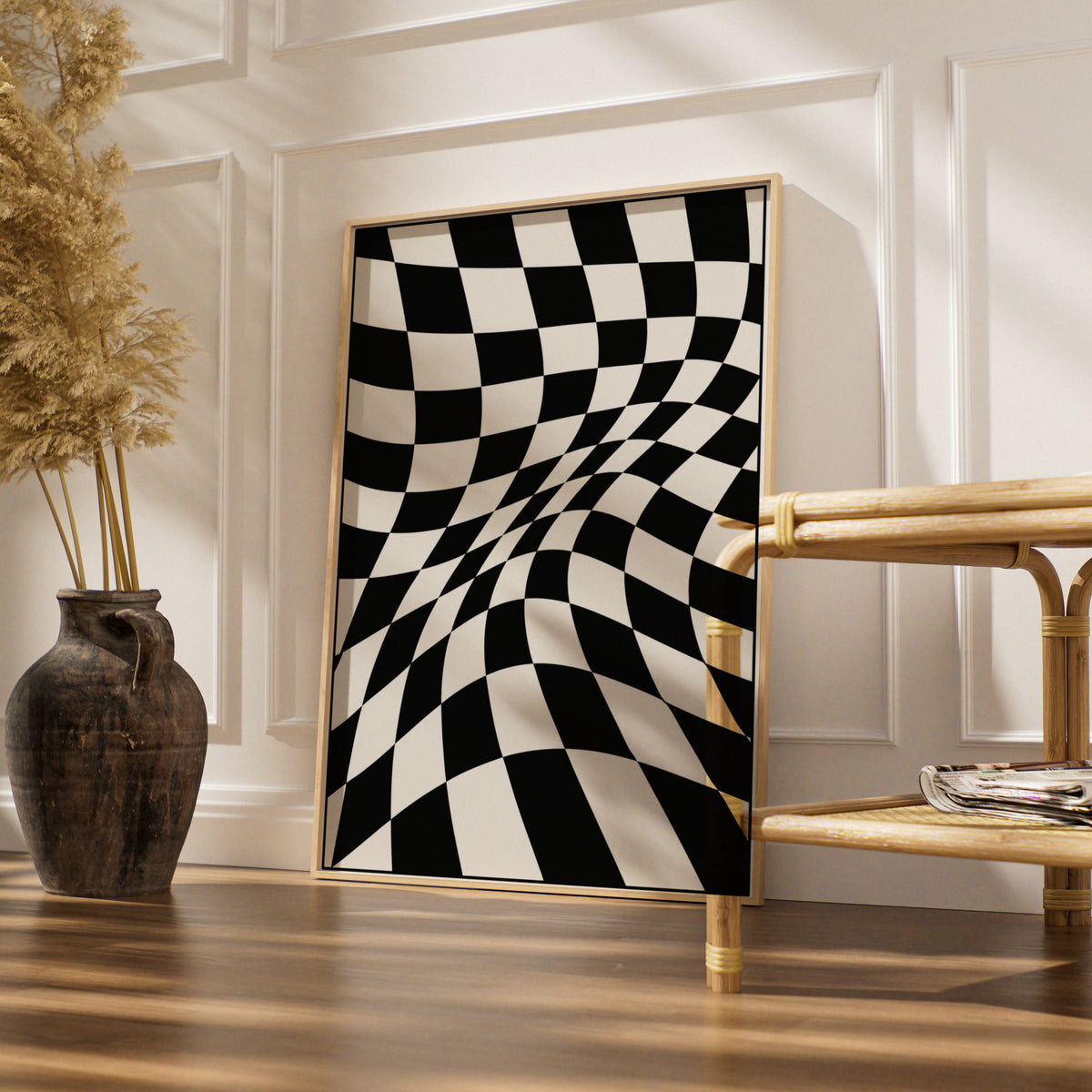 Warped Checkerboard Abstract Print, Monochrome Wall Art, Black and White Poster, Modern Decor