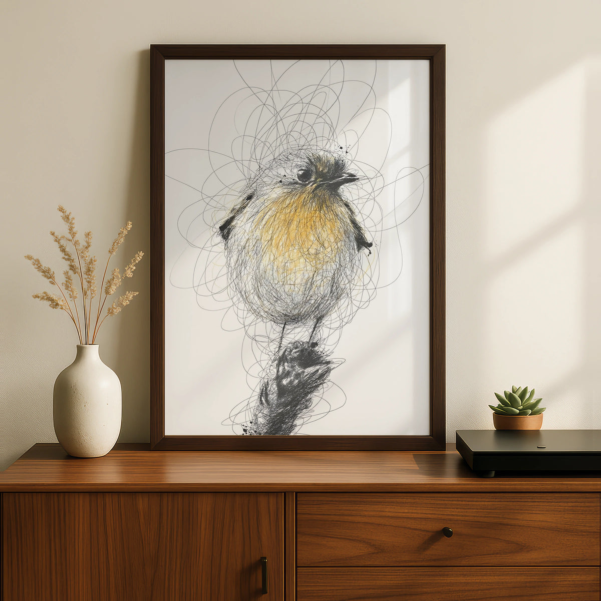 Robin Bird Sketch Art, Monochrome Wall Art, Black and White Bird Poster, Modern Print