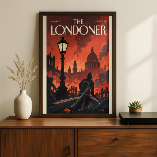 London Fire Poster, Vintage Magazine Cover Wall Art, Firefighter St Paul's Skyline Art Print