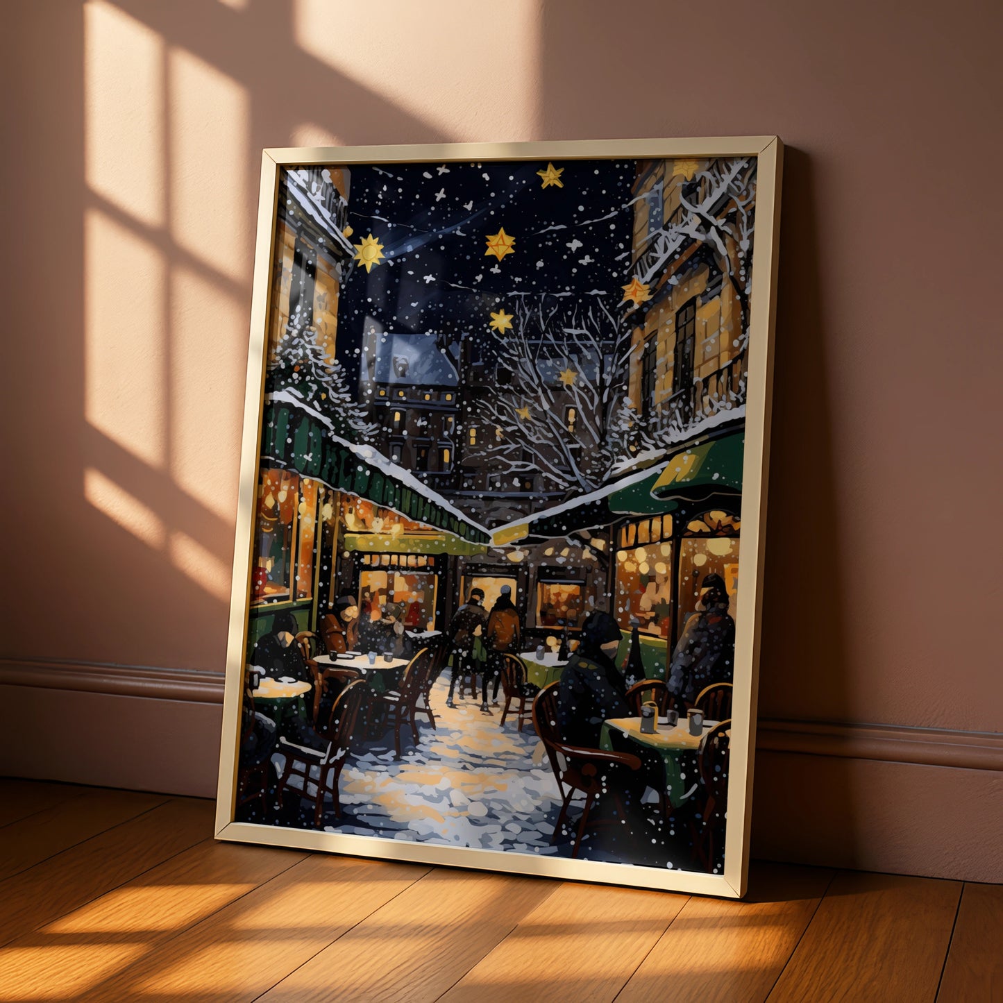 Christmas Market Poster, Snowy Night Street Scene, Festive Star Lights Wall Art Print