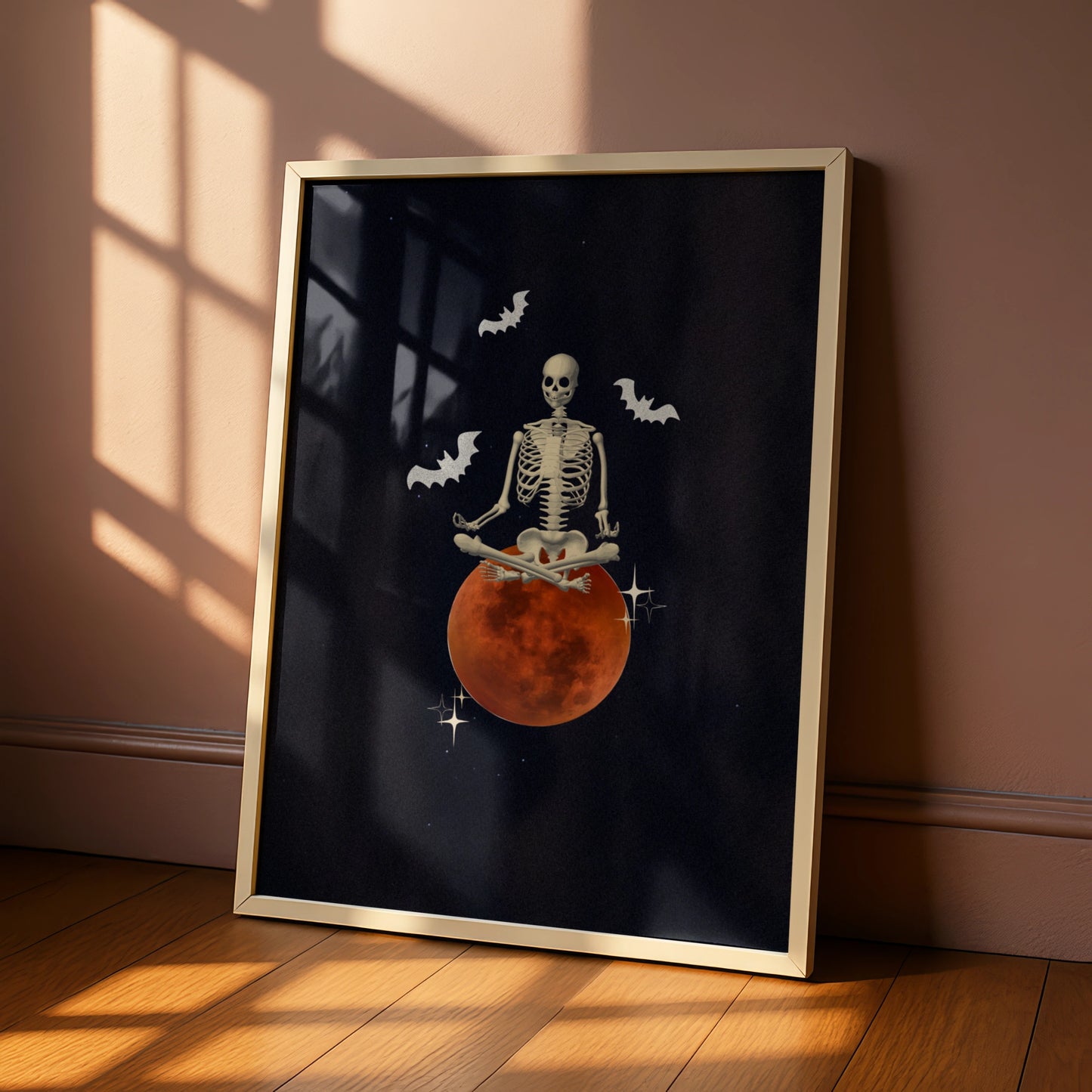 Halloween Skeleton Meditation Poster, Blood Moon Bat Wall Art, Spooky Gothic Print