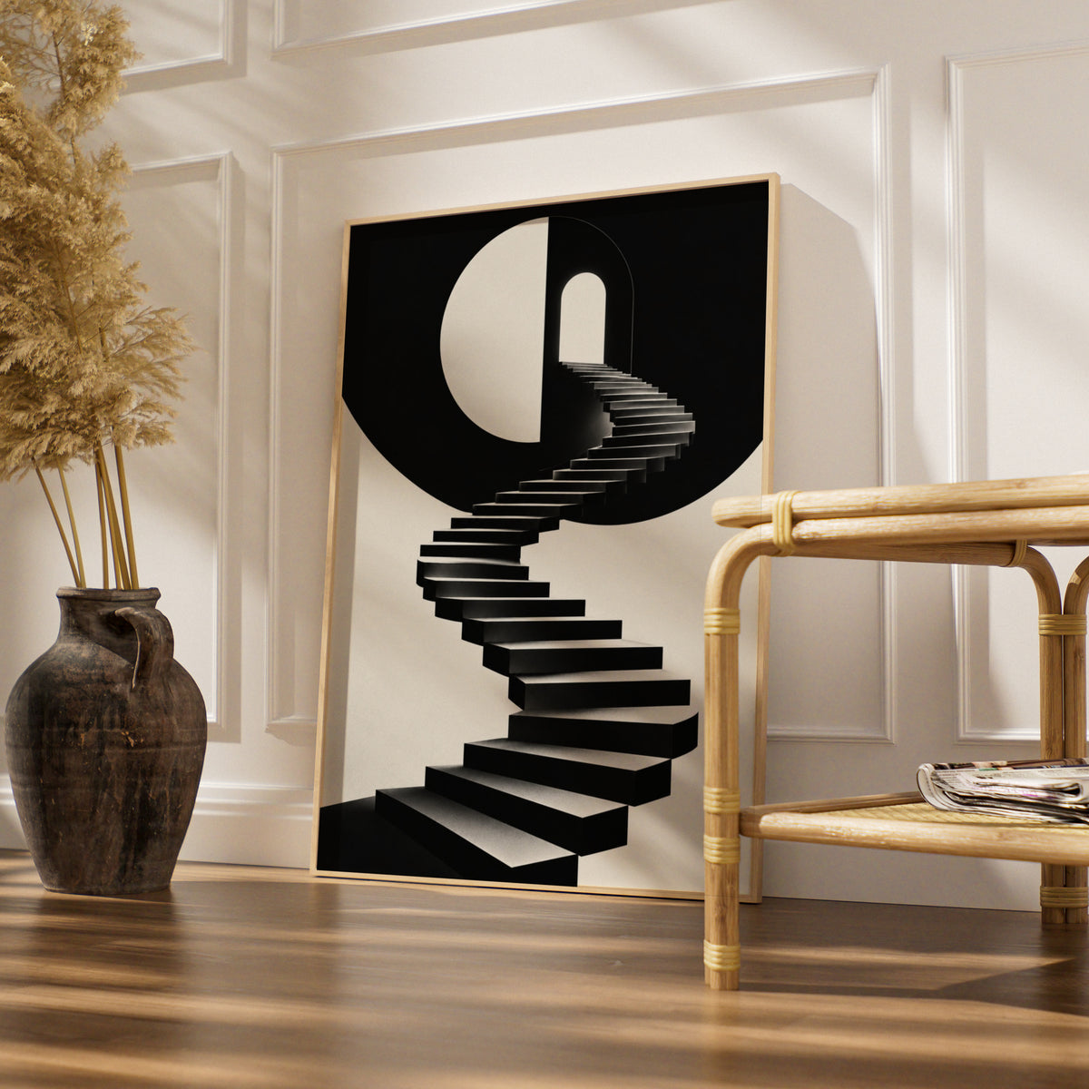 Spiral Staircase Monochrome Wall Art, Black and White Poster, Minimalist Print, Modern Decor