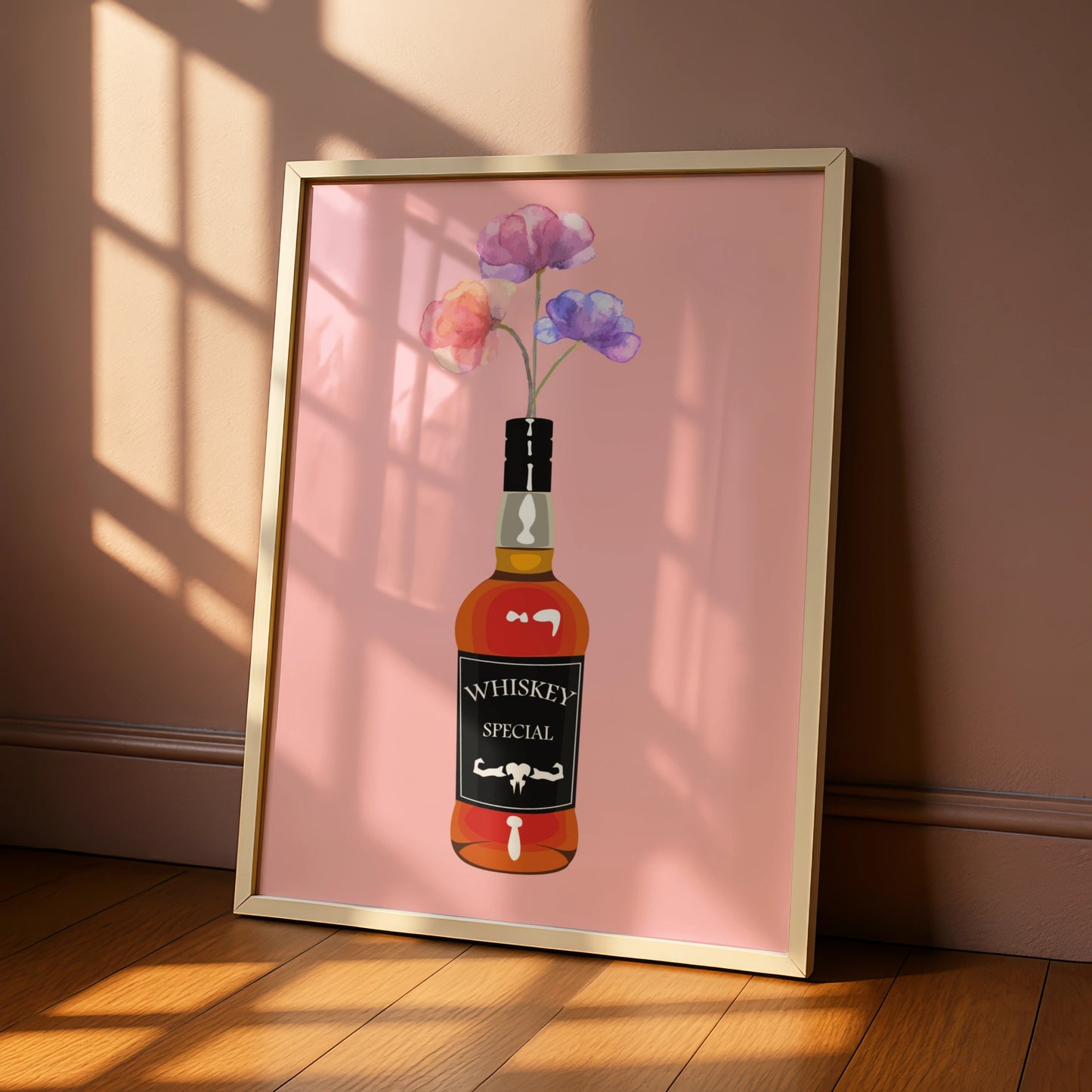 Whiskey Bottle Floral Maximalist Poster, Pink Bar Wall Art, Bold Drinks Print