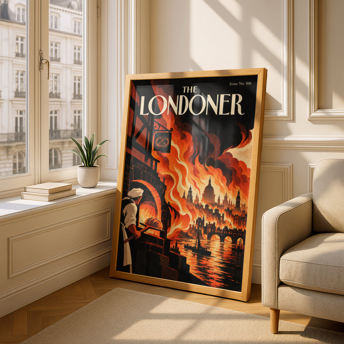Great Fire of London Poster, Vintage Magazine Cover Wall Art, Baker and Flames Art Print