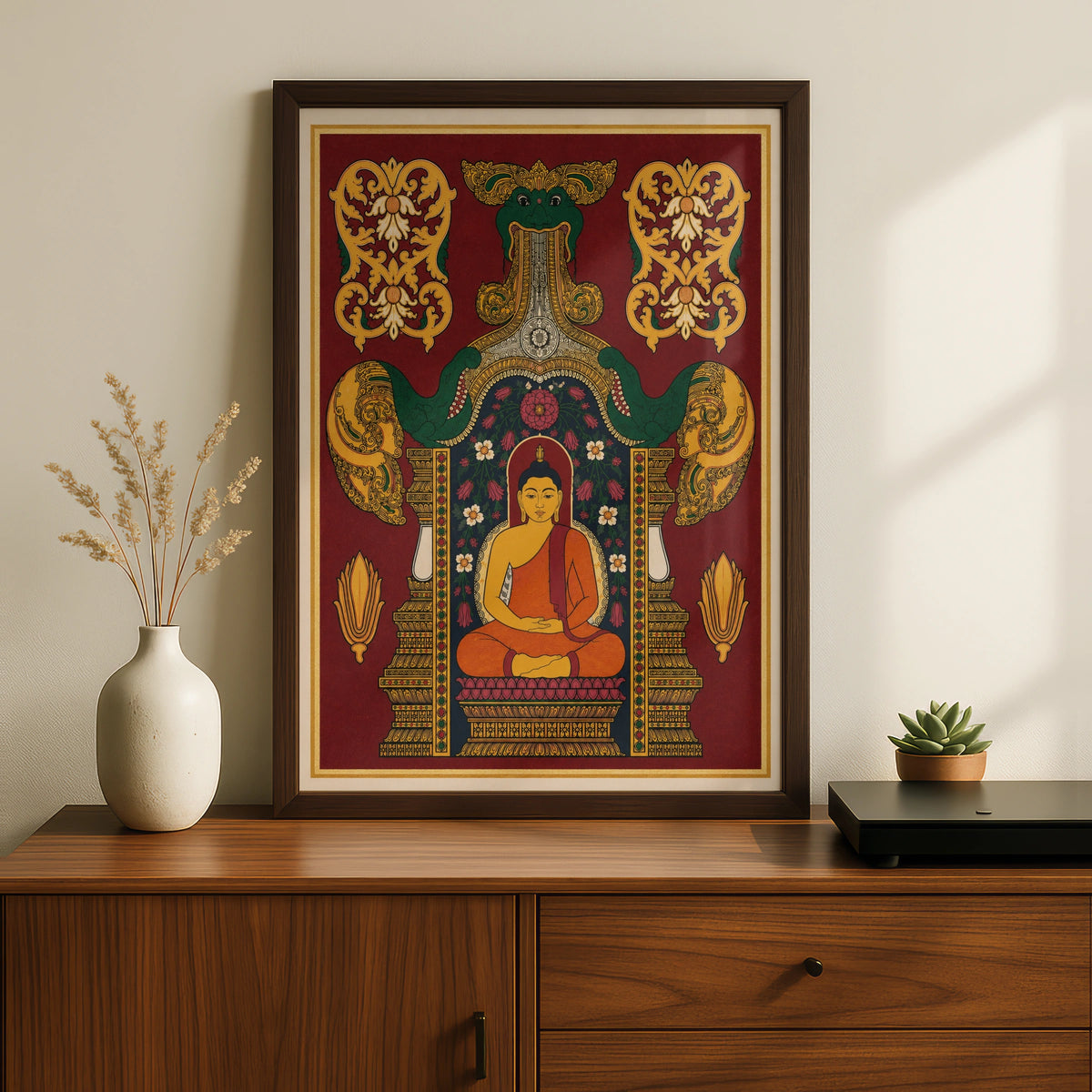 Buddha Poster, Indian Art Print, Meditation Wall Art, Naga Serpent, Floral Temple Decor