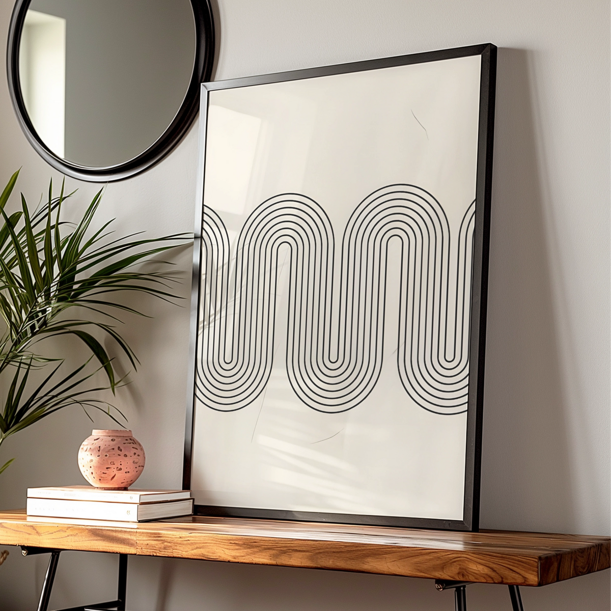 Monochrome Wave Line Art Print, Minimalist Black White Poster, Modern Wall Decor