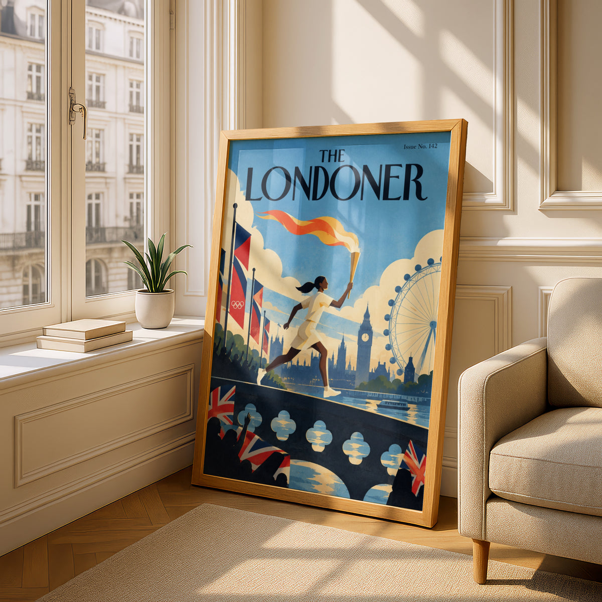 London Torch Runner Poster, Big Ben London Eye Wall Art, Retro Travel Art Print, Living Room