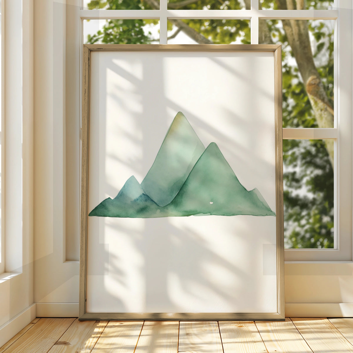 Watercolour Mountain Nursery Wall Art, Green Sage Nature Print, Baby Room Poster