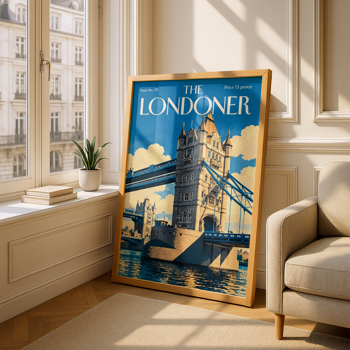 Tower Bridge London Poster, Vintage Magazine Cover Wall Art, Blue Cityscape Art Print, Living Room