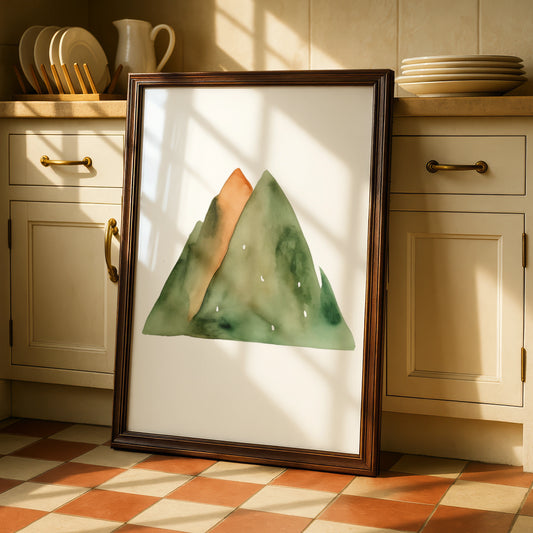 Watercolour Mountain Nursery Wall Art, Green Orange Nature Print, Kids Room Poster