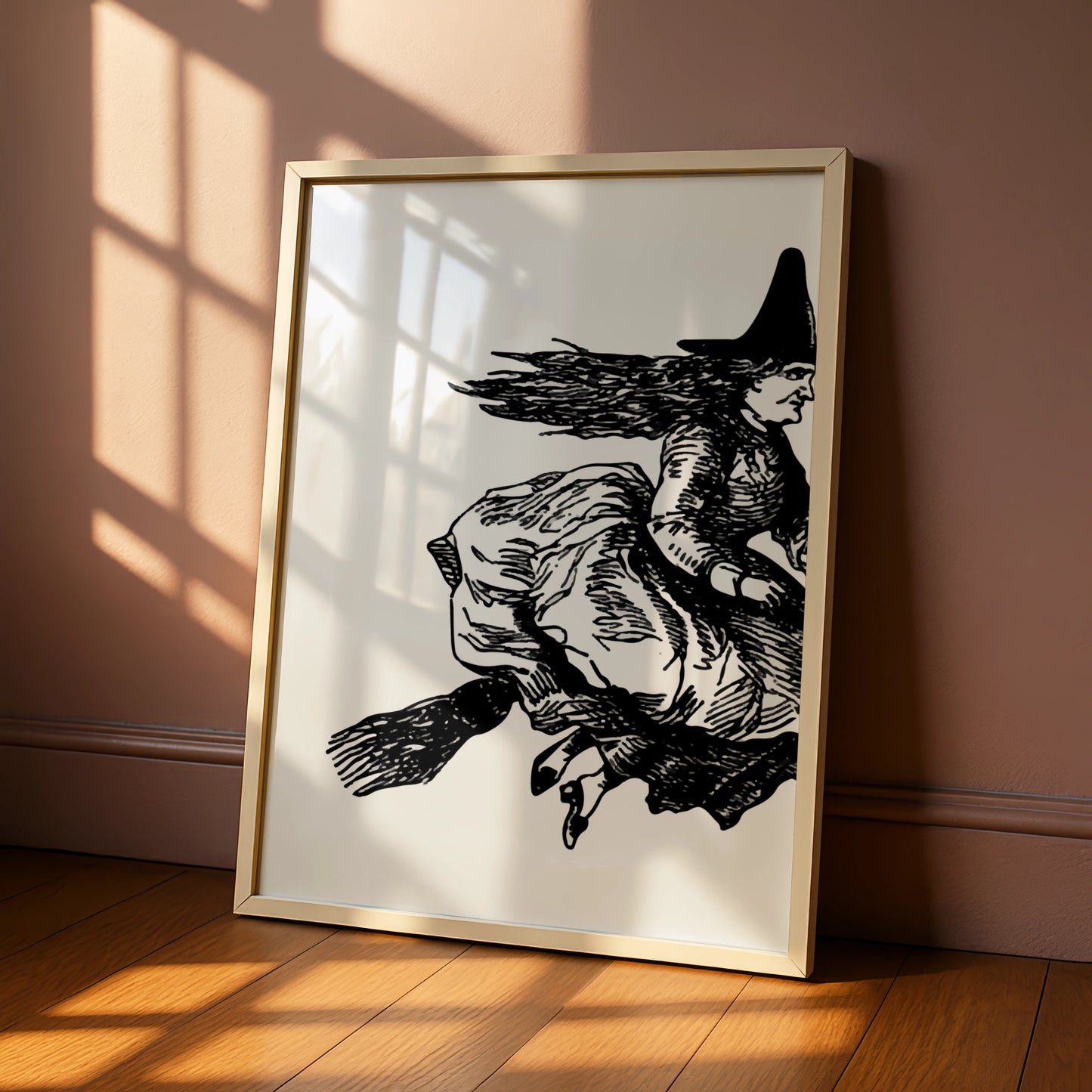 Halloween Witch on Broomstick Poster, Black White Vintage Witch Art Print, Spooky Wall Art
