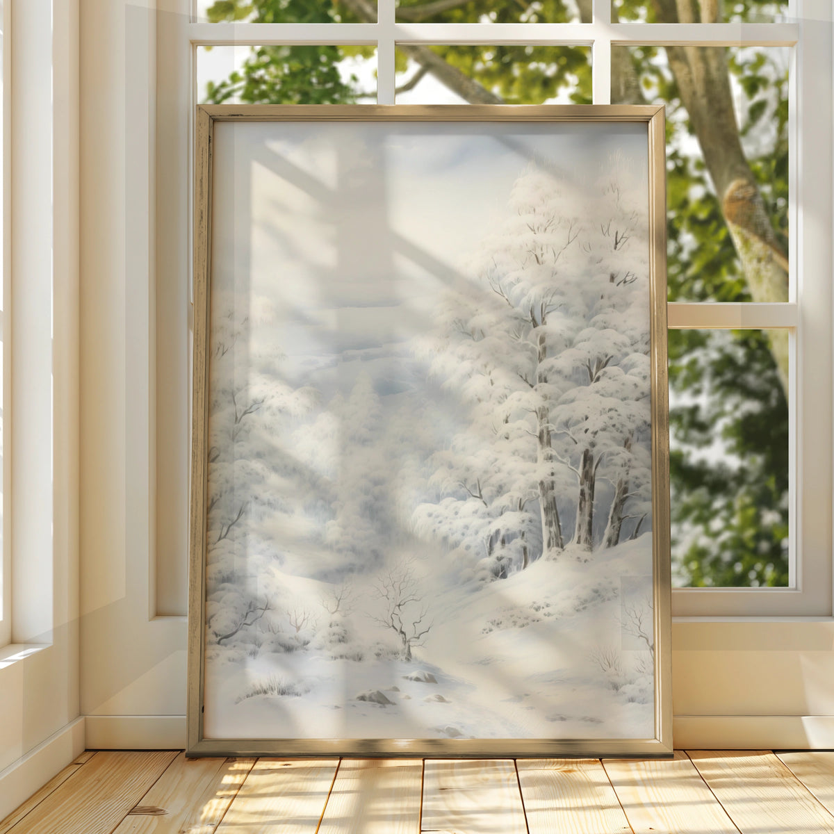 Winter Snow Forest Christmas Poster, Snowy Landscape Wall Art, Serene White Trees Print