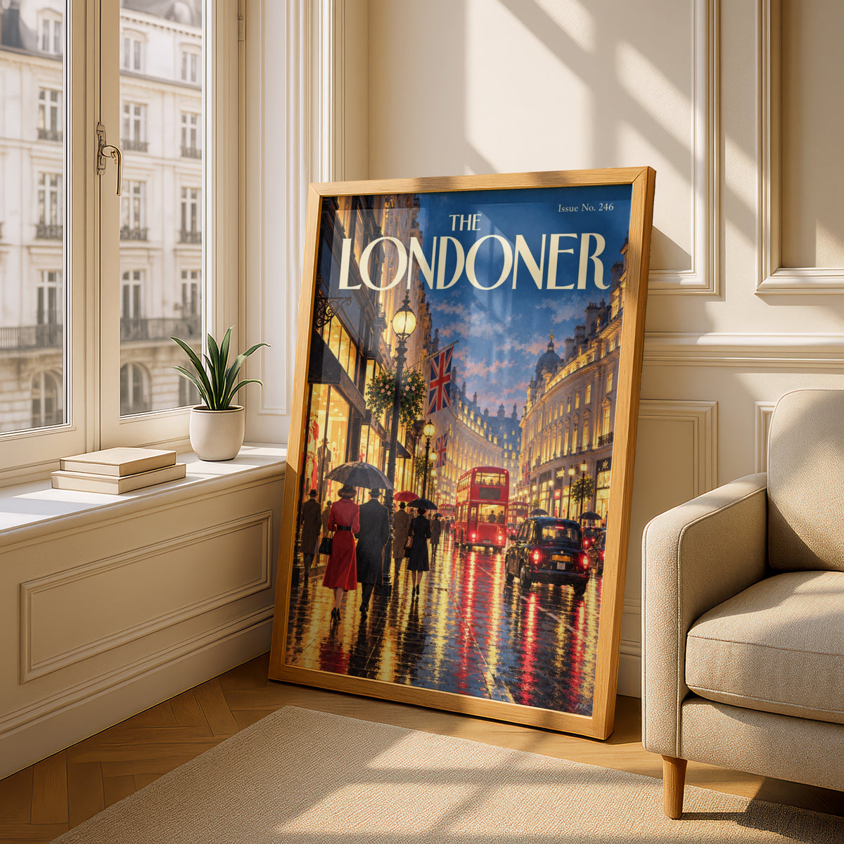 The Londoner Poster, London Street Wall Art, Rainy Evening Art Print, Red Bus Black Cab