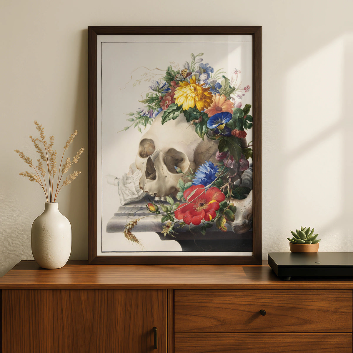 Halloween Skull Floral Poster, Vanitas Wall Art, Gothic Botanical Print, Dark Academia Decor