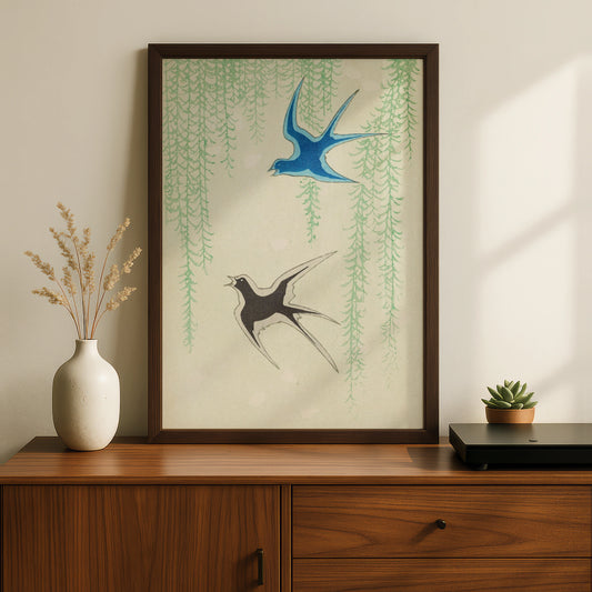 Japanese Swallow Wall Art, Vintage Woodblock Bird Print, Japandi Willow Poster – A5 Black frame