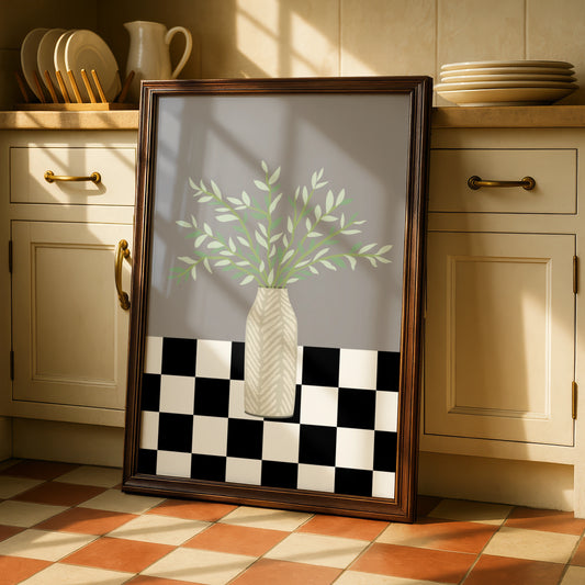 Matisse Style Botanical Vase Poster, Green Leaves Grey Wall Art, Checkerboard Print