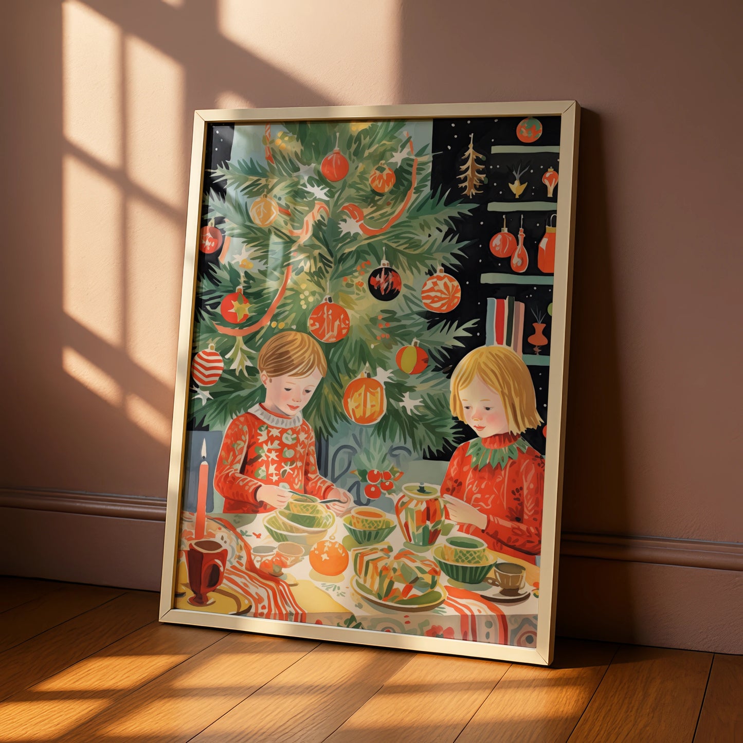 Christmas Dinner Poster, Festive Children Holiday Wall Art, Retro Xmas Tree Print, Kids Room Decor