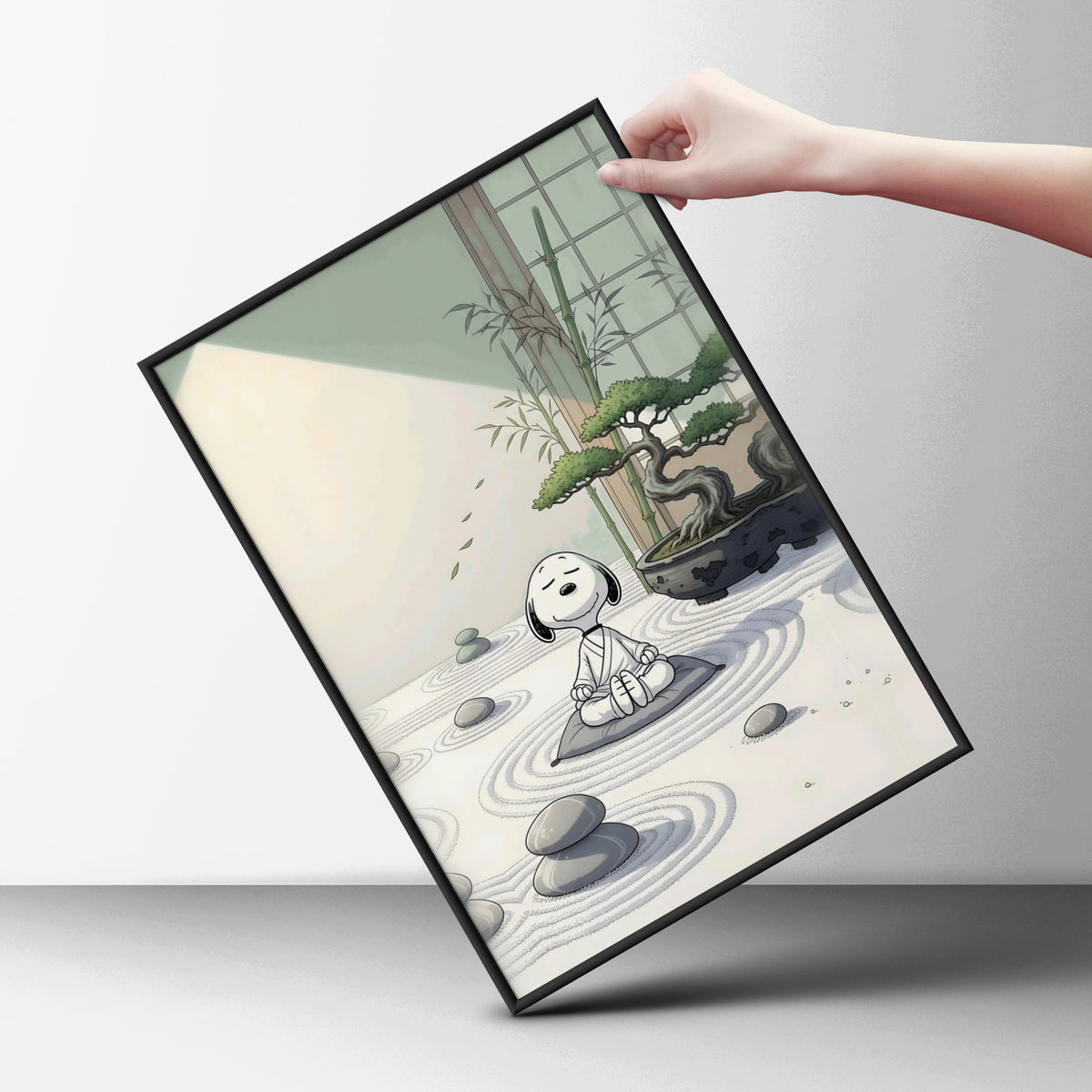 Meditating Cartoon Beagle Zen Garden Poster, Bonsai Wall Art, Sage Green Art Print for Bedroom
