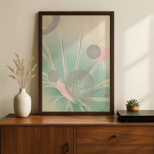 Japanese Sage Green Botanical Print, Vintage Woodblock Floral Wall Art, Japandi Poster – A5 Black frame