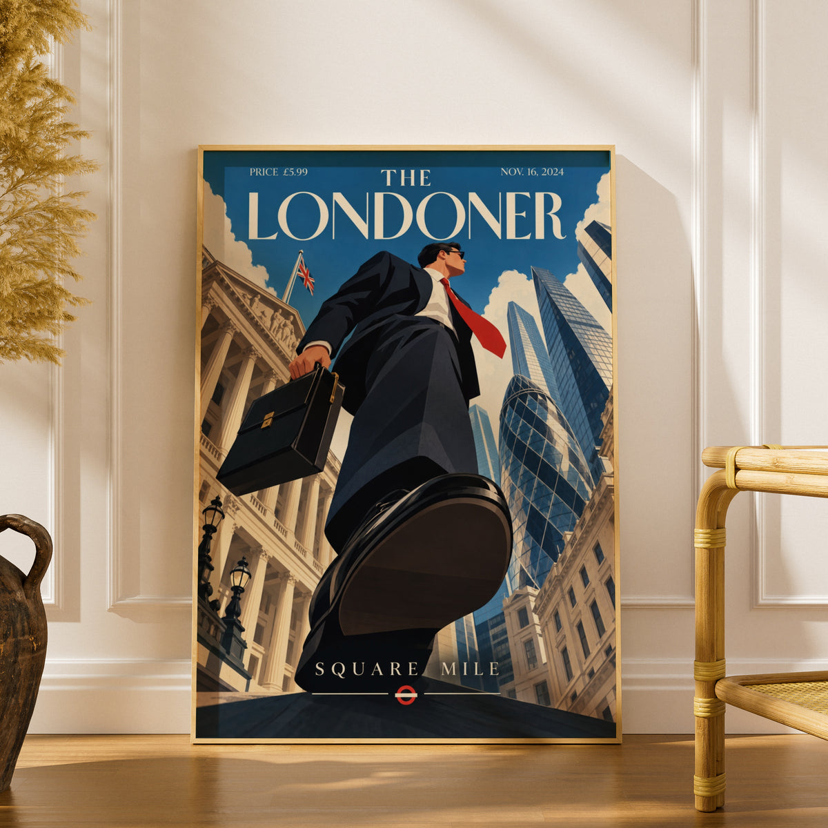 London Square Mile Poster, Retro Magazine Cover Wall Art, City of London Gherkin Print, Office