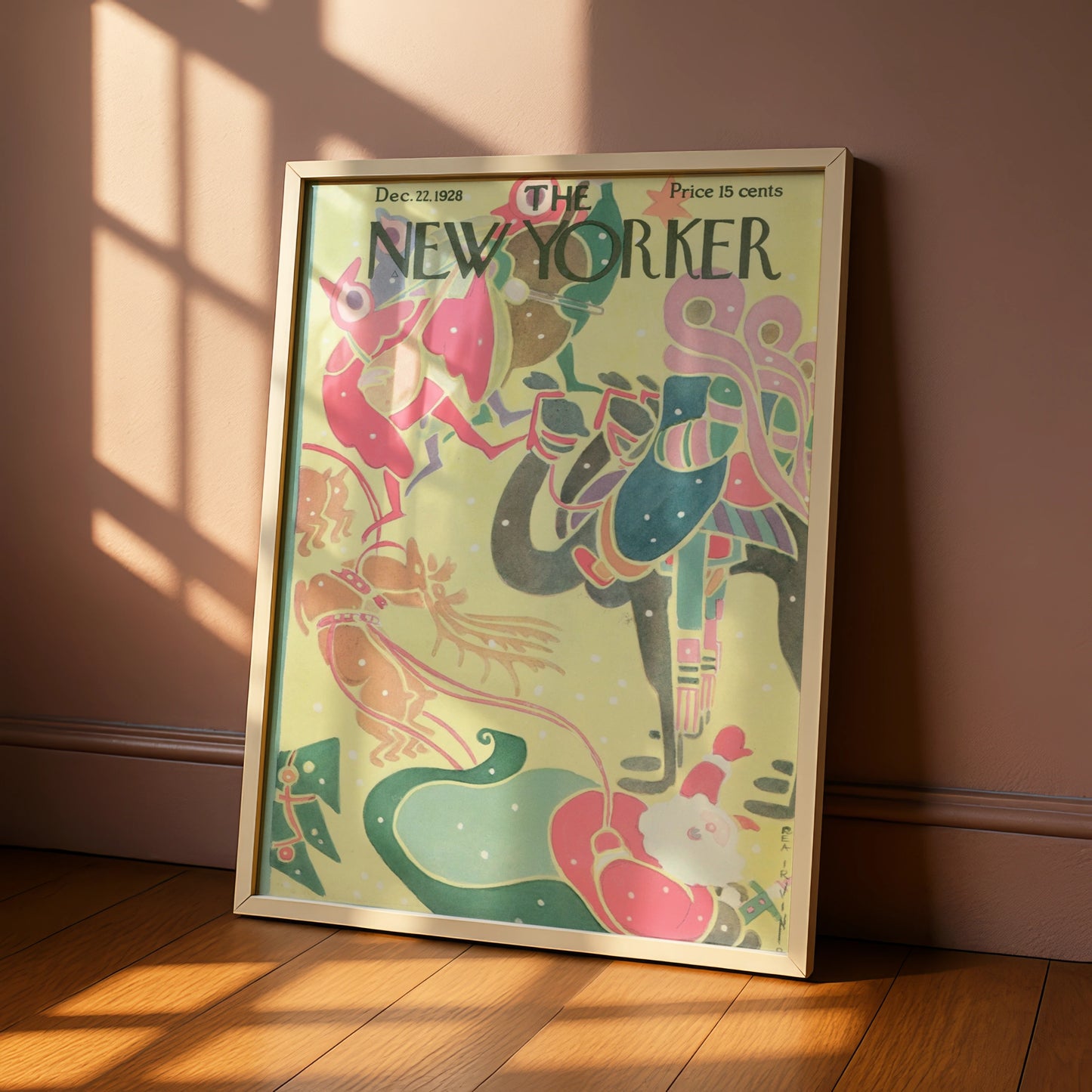New Yorker Christmas 1928 Cover Poster, Santa Reindeer Art Deco Holiday Wall Art