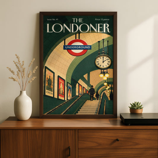London Underground Poster, Vintage Magazine Cover Wall Art, Tube Station Art Print, Green Retro