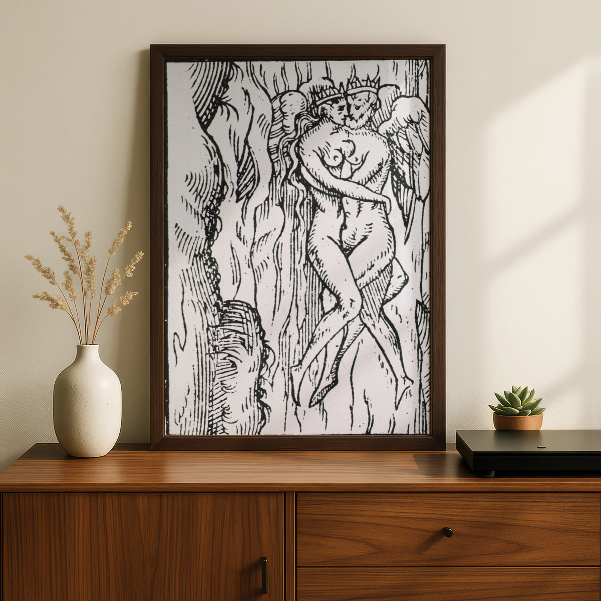 Halloween Dark Art Print, Medieval Woodcut Demon Figure, Gothic Black White Occult Poster Wall Art