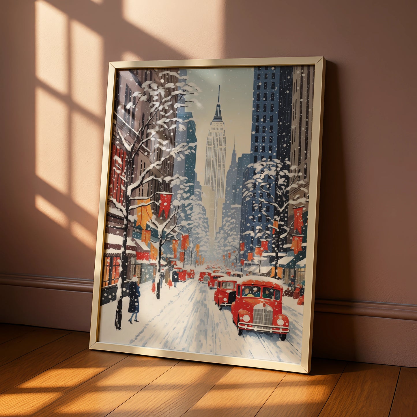 New York Christmas Poster, Snowy NYC Street Art, Empire State Winter Wall Decor Print