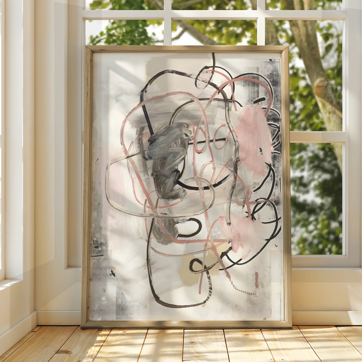 Abstract Line Art Print, Pink Grey Modern Wall Art, Contemporary Monochrome Poster, Gallery Wall