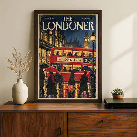 Vintage London Red Bus Poster, Big Ben Wall Art, Retro Magazine Cover Art Print, Rainy Night Scene