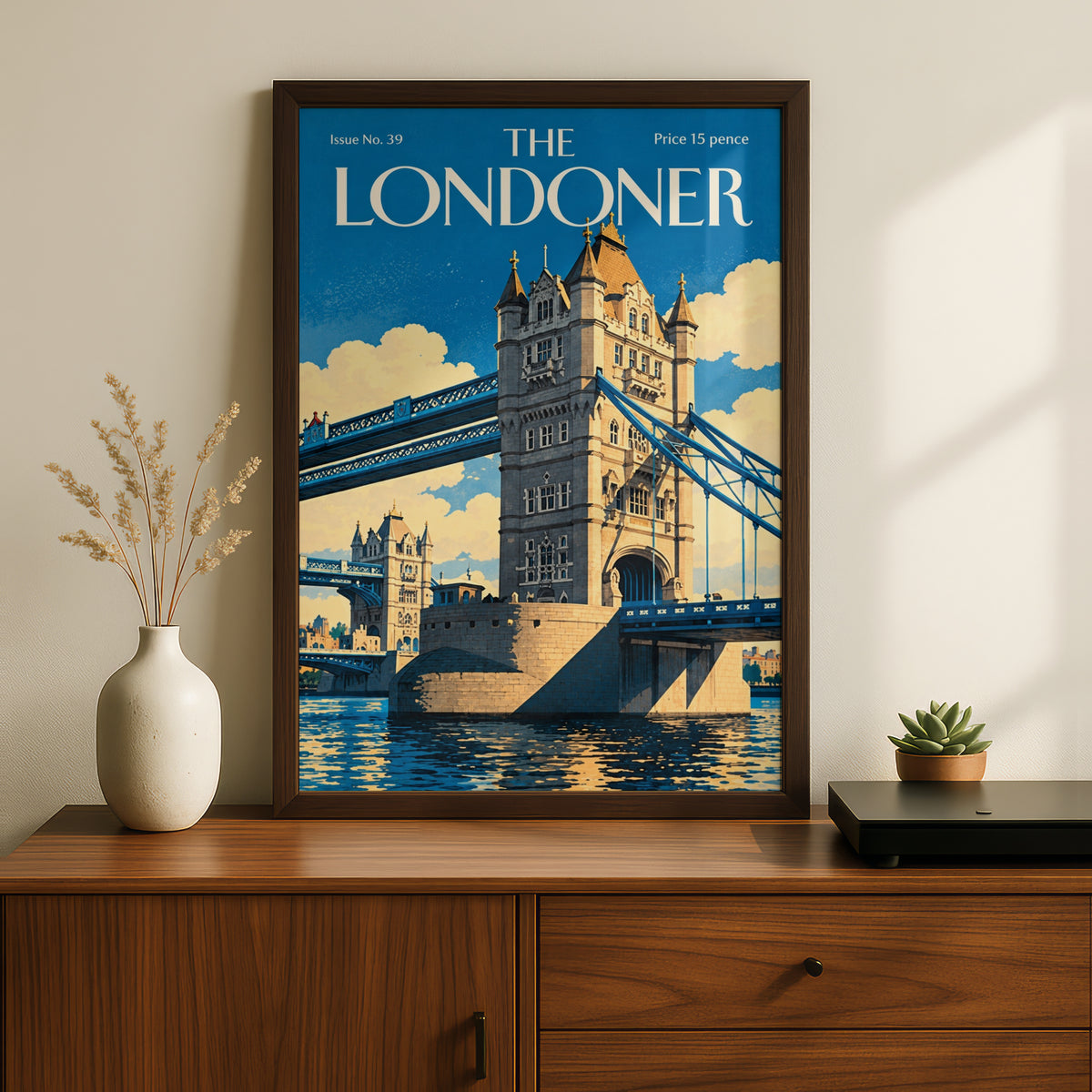 Tower Bridge London Poster, Vintage Magazine Cover Wall Art, Blue Cityscape Art Print, Living Room