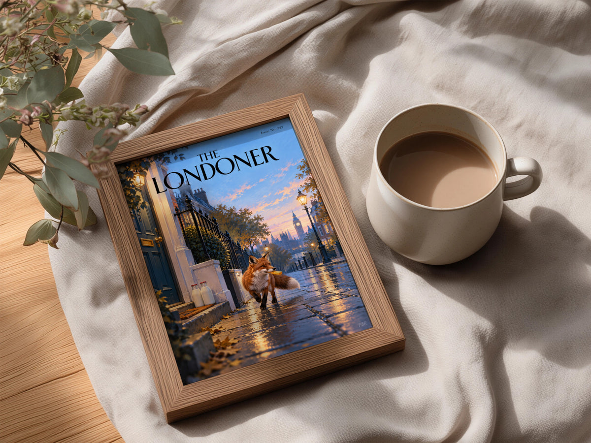 London Fox Poster, Magazine Cover Wall Art Print, Autumn Street Scene, Big Ben Illustration