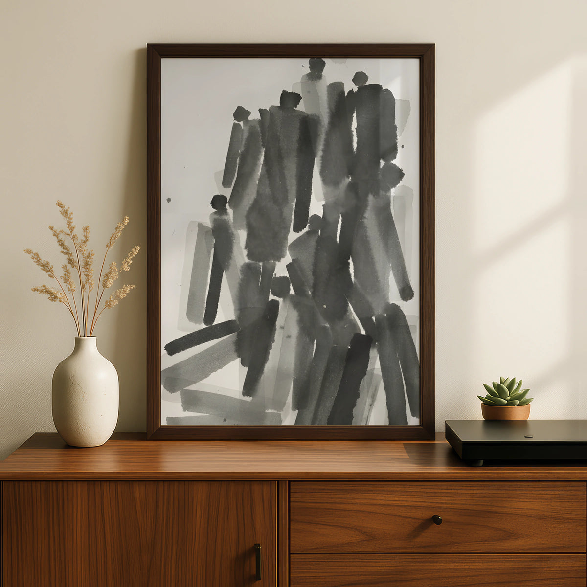 Abstract Figure Crowd Monochrome Wall Art, Black and White Ink Brush Minimalist Print