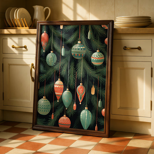 Christmas Baubles Poster, Festive Ornaments Wall Art, Retro Xmas Tree Print, Red Green