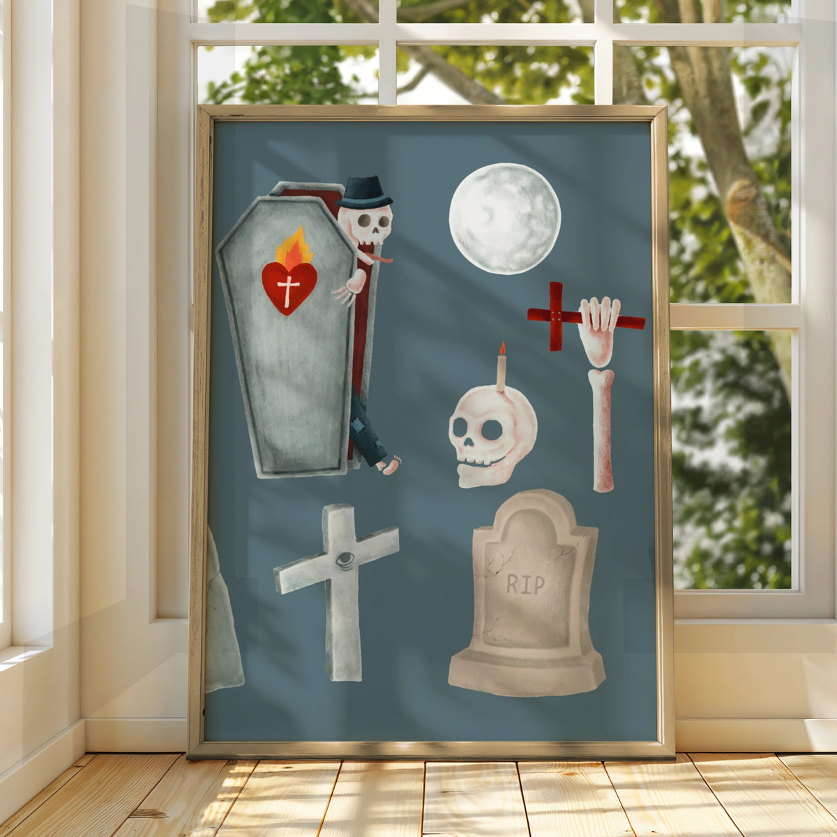 Halloween Ghost Skeleton Coffin Poster, Spooky Graveyard Wall Art, Skull RIP Print