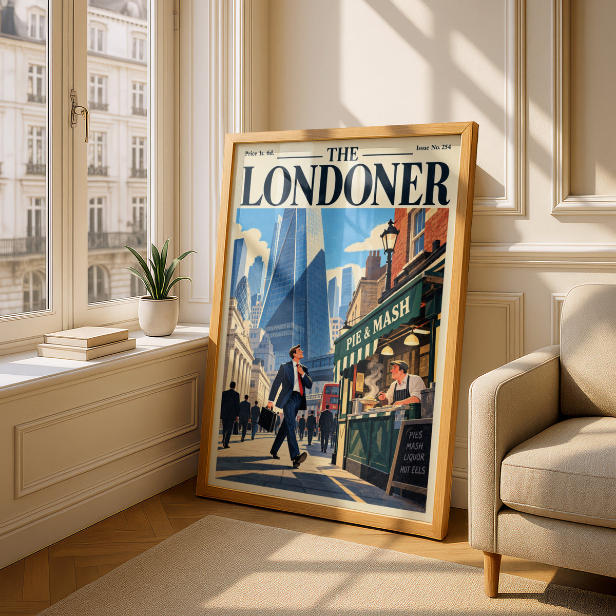 London Poster, Vintage Magazine Cover Wall Art, City Skyline Pie and Mash Art Print, Living Room