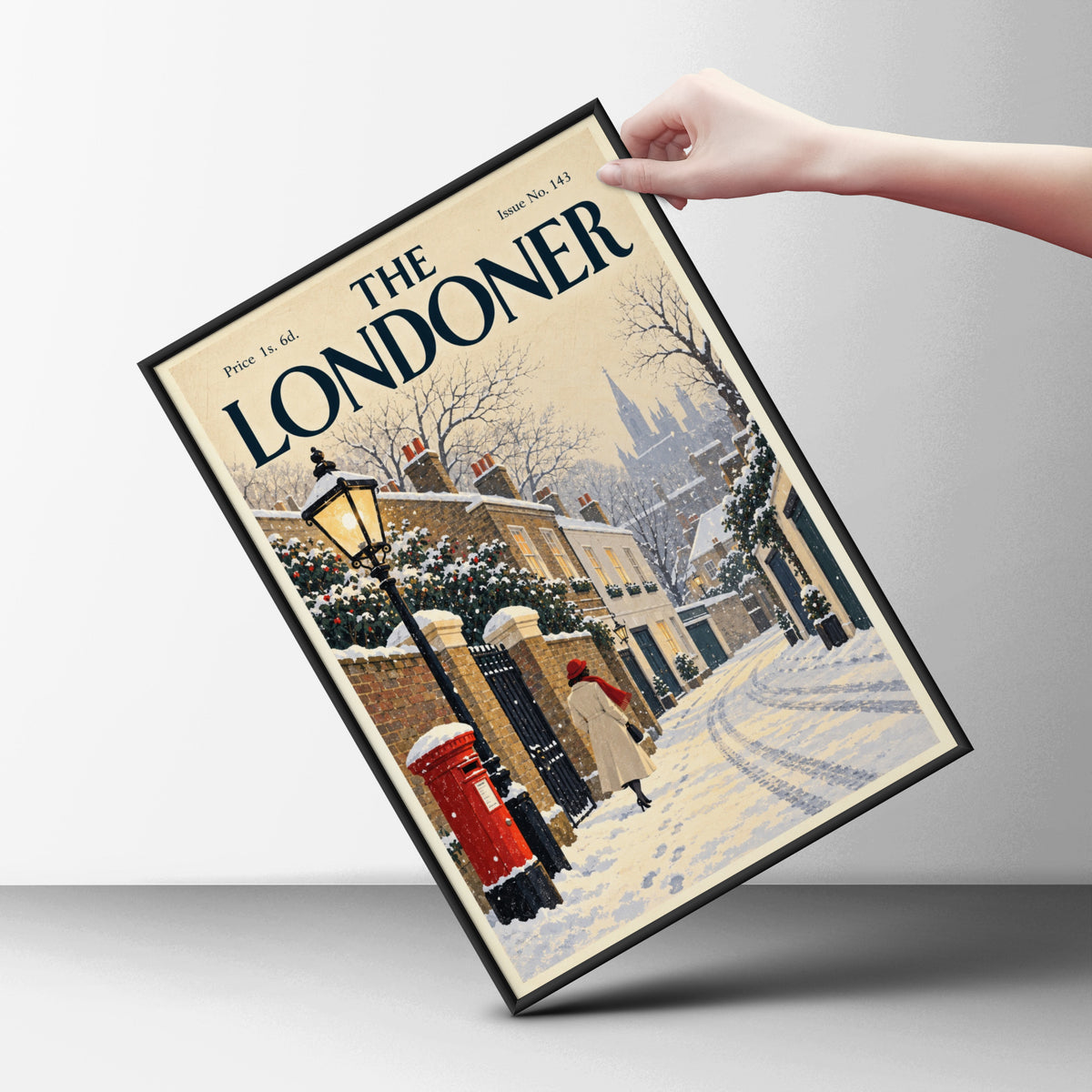 Vintage London Winter Street Poster, Snowy Wall Art, Red Post Box Art Print, Christmas Gift