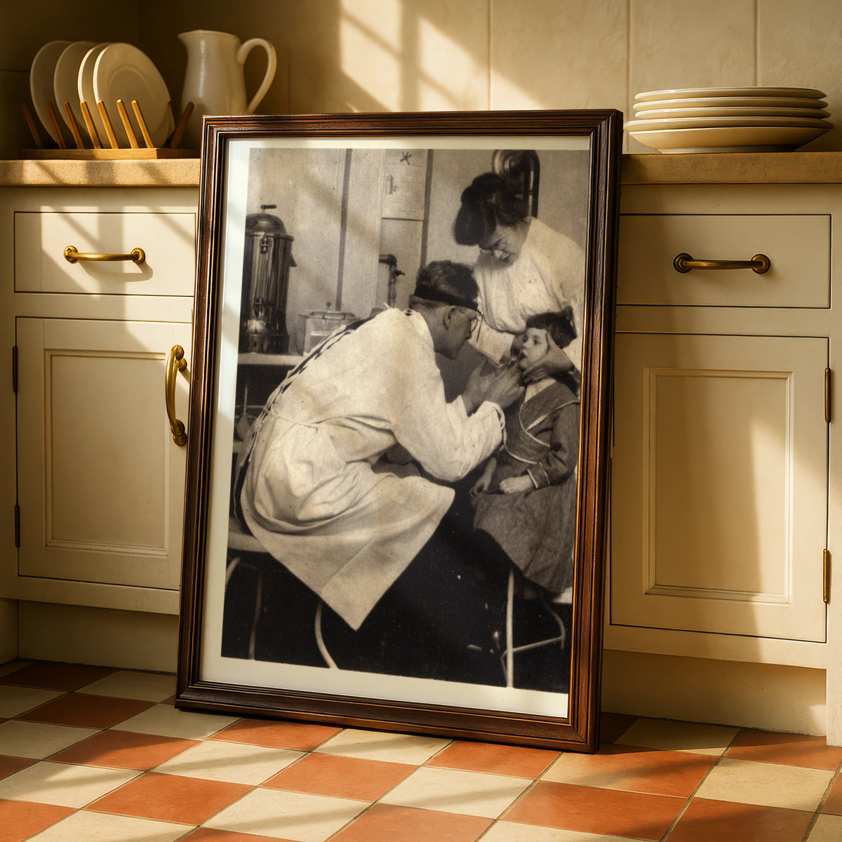 Vintage Doctor Examining Child Poster, Antique Medical Black White Photography Wall Art