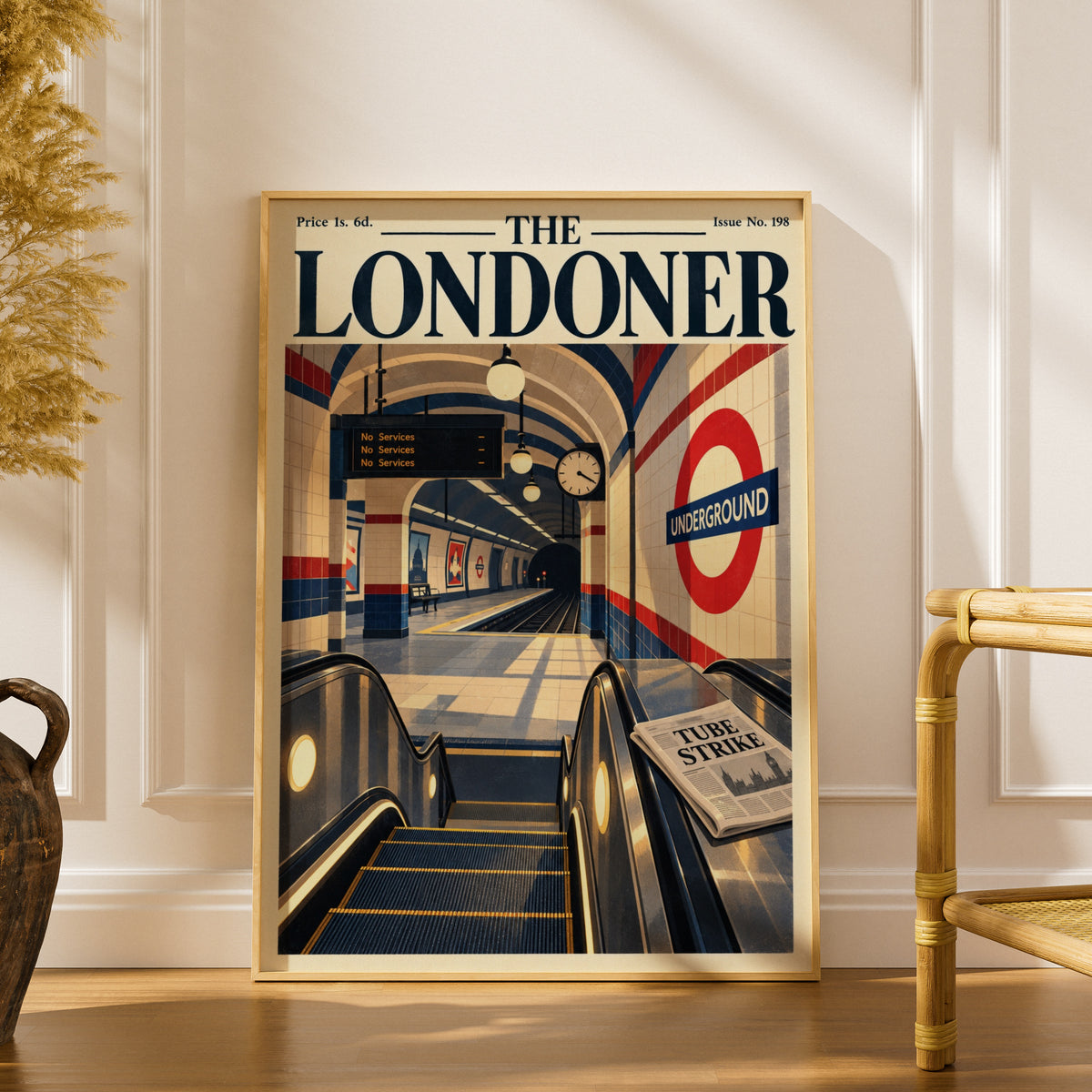 London Tube Station Poster, Retro Magazine Cover Wall Art, Escalator Illustration, Transport Print