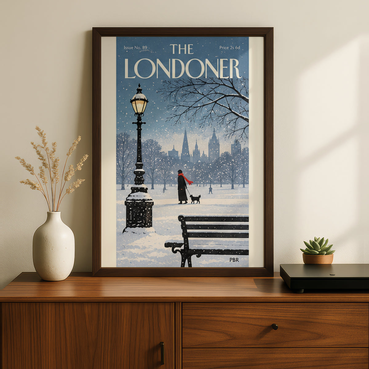 Snowy London Park Poster, Winter Wall Art, Vintage Magazine Cover Print, Lamppost Dog Walker Art