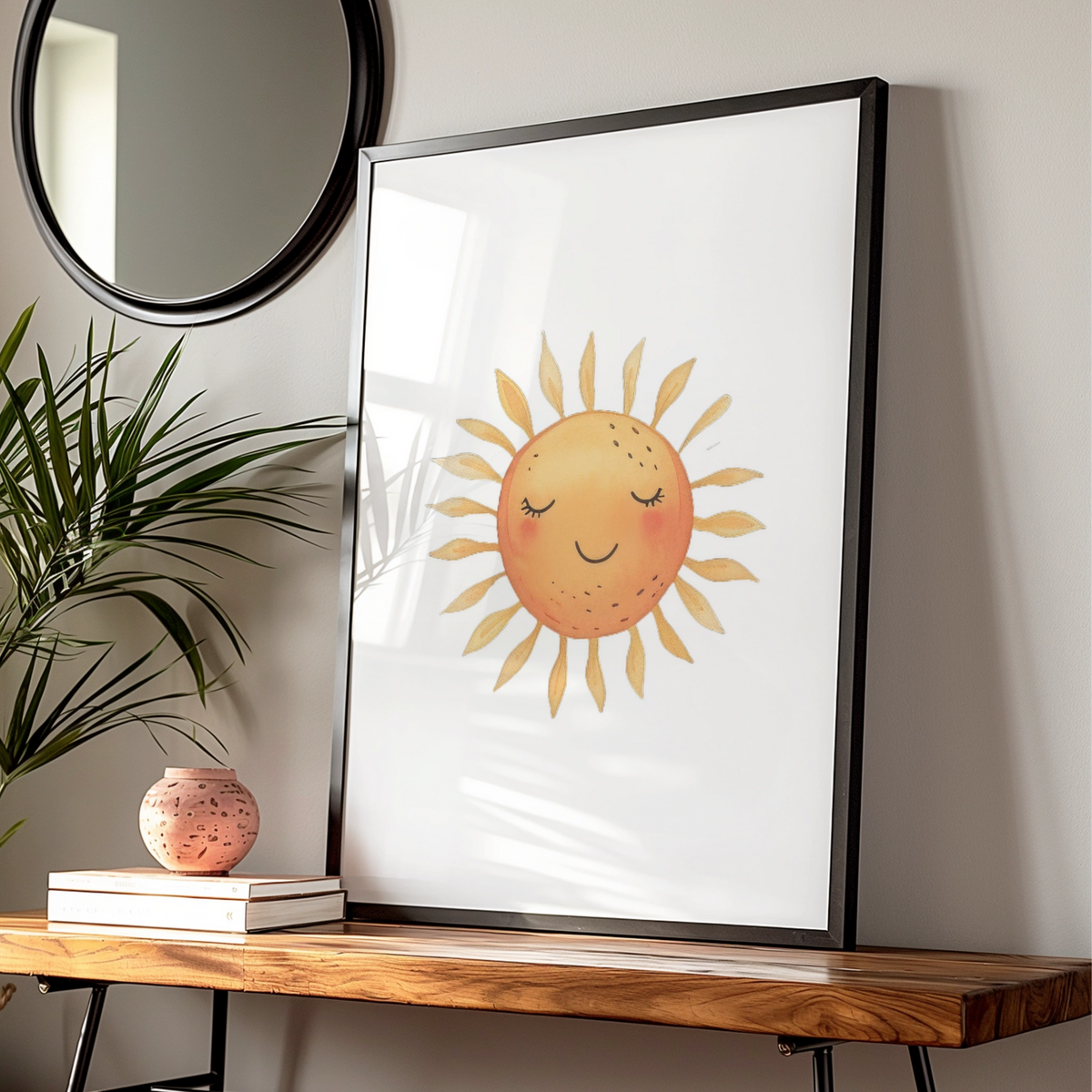 Nursery Sun Wall Art, Cute Smiling Sun Poster, Watercolour Baby Room Print, Kids Decor — Digital Download