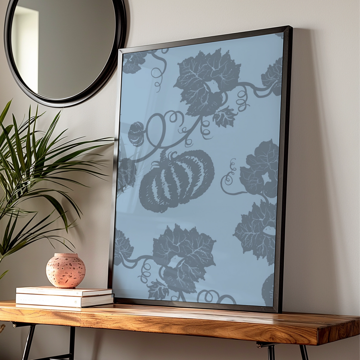 Halloween Pumpkin Vine Wall Art, Blue Grey Botanical Poster, Spooky Autumn Decor Print — Digital Download